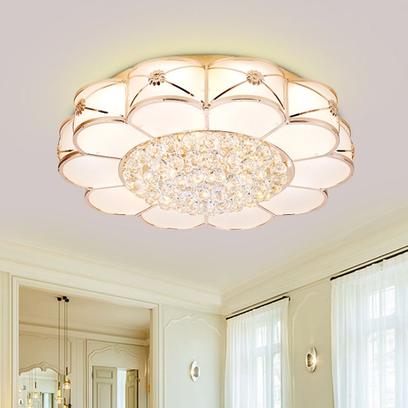 Gold LED Ceiling Light Modern Frosted Glass Layered Petals Flush Mount Fixture with Crystal Ball Drop