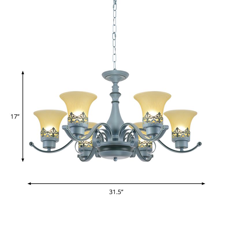 Nordic Flared Chandelier Lighting Amber Glass 6-Light Living Room Hanging Ceiling Lamp with Curvy Arm in Blue