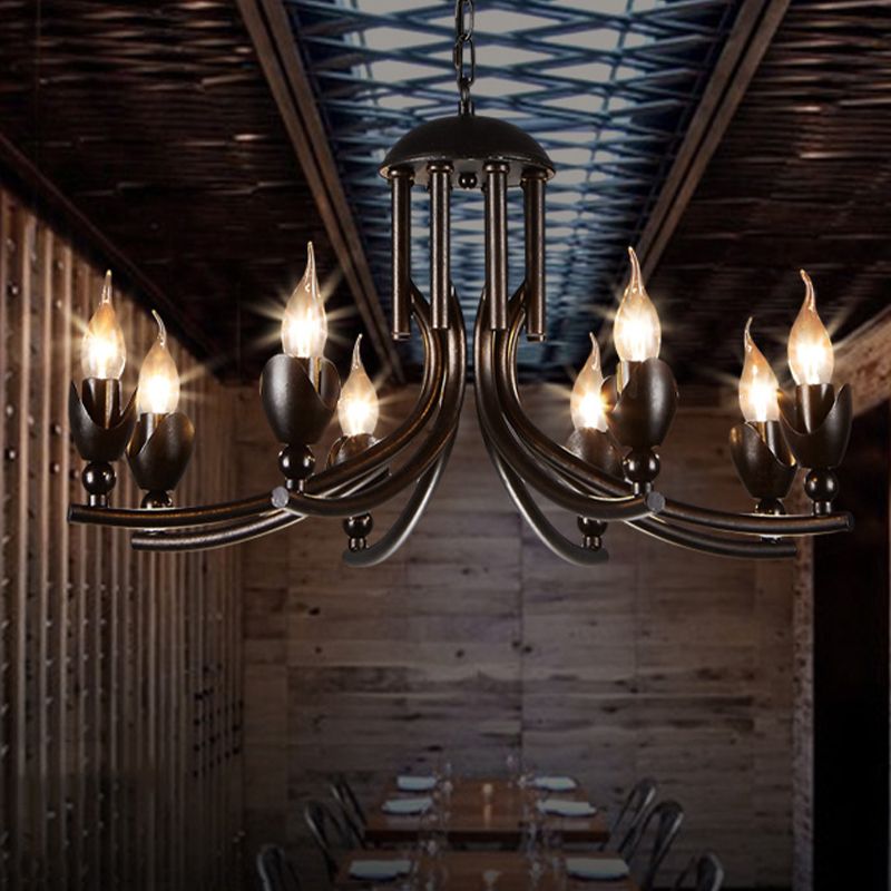 Lampada lampadario a candela in metallo industriale a 8 co-testa a sospensione Luce a soffitto in nero