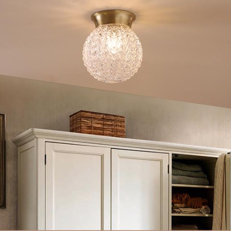 Water Glass Globe Ceiling Lighting Colonial 1 Head Bedroom Flush Mount Light Fixture in Brass