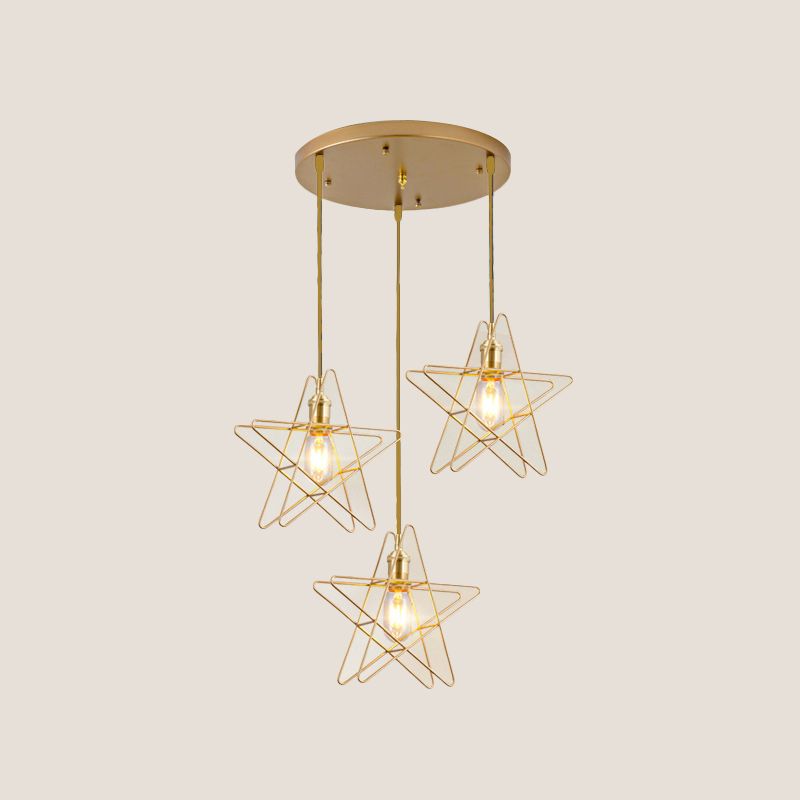 Gold Star Cage Multifiling Light Simplicity Metal 3 Bulbs Sala da pranzo Luce sospesa