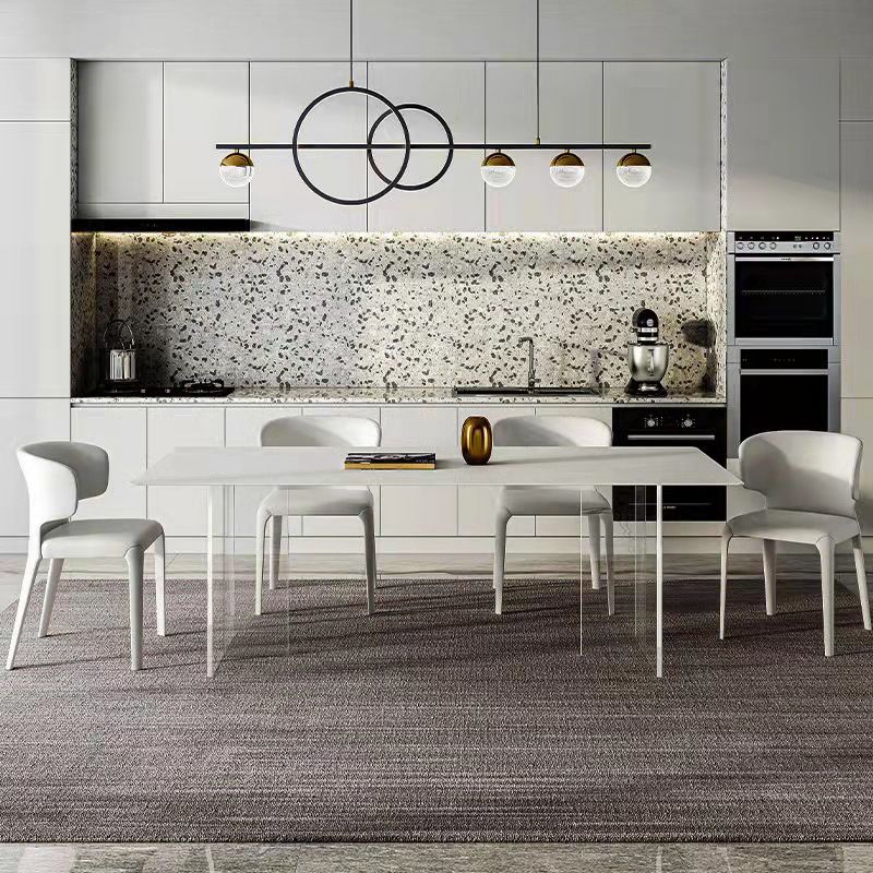 Modern White Dining Room Table Rectangle Acrylic and Stone Double Pedestal Table