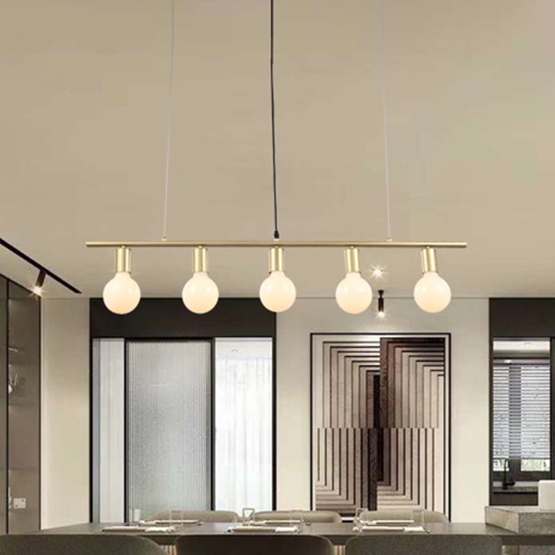 Iluminación de isla de metal lineal Iluminación contemporánea 5 bombillas Lámpara de techo colgante de acabado blanco/dorado para comedor