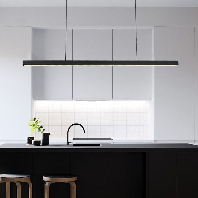 Black Long Strip Minimalism LED Island Light Aluminum + Walnut Nordic Style Suspension Lighting Fixture for Dining Room