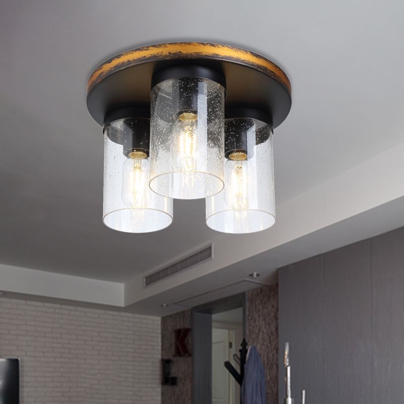 Plafonnier en verre transparent, cylindrique vers le bas, 3 ampoules, éclairage rustique