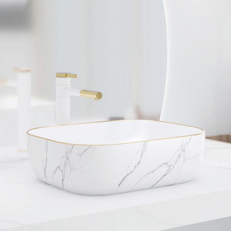 Modern Bathroom Sink Porcelain Pop-Up Drain Solid Color Rectangular Vessel