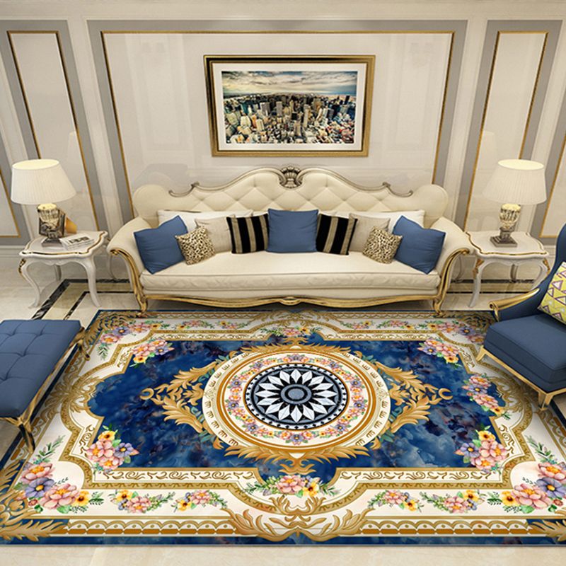 Blue Tone Luxury Area Rug Polyester European Print Rug Non-Slip Backing Indoor Rug for Living Room