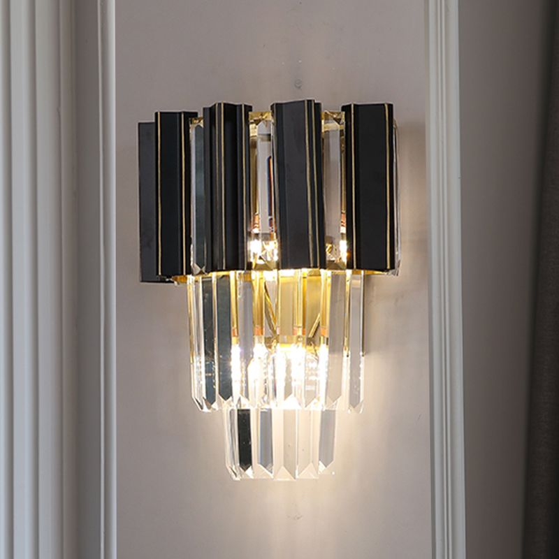 3 ampoules Clean Crystal Prisms Sconce Light Contemporain Black Boîtes Lampe murale de la chambre effilée