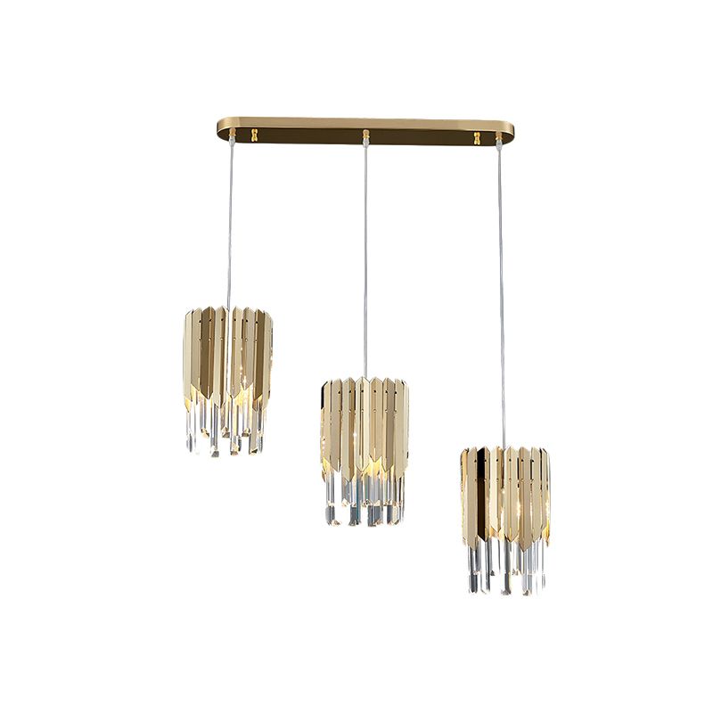 Luxurious Layered Cluster Pendant 3 Head Clear Crystal Rectangle Suspension Light in Gold for Dining Room