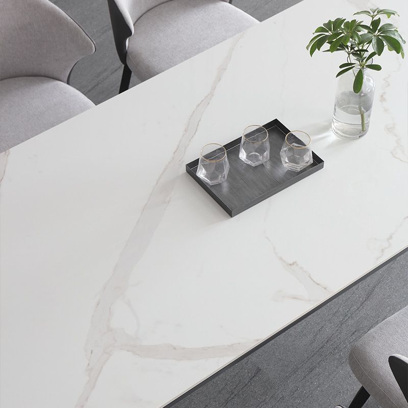 Sintered Stone Top Dining Table Rectangle Table in White with Metal Base and 4 Legs