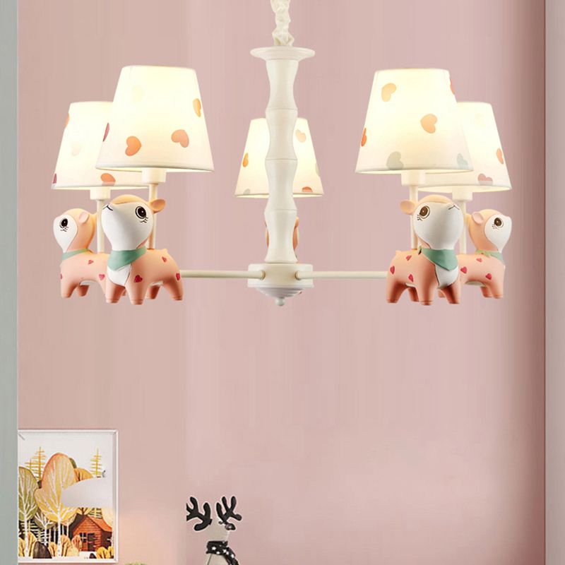 Cartoon Empire Shade Suspension Light Patterned Fabric Bedroom Chandelier Light with Resin Deer in Pink