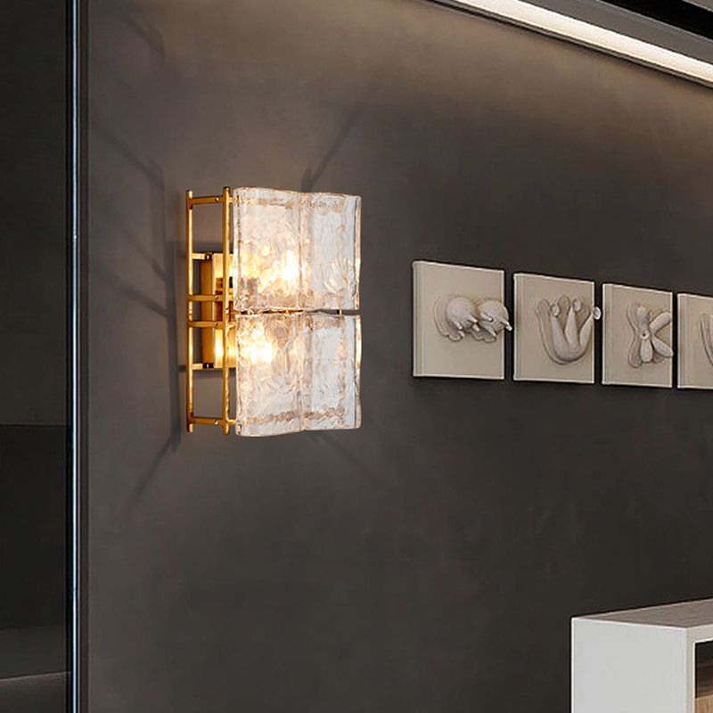 Rettangolo muro sconce luce con tonalità in vetro acqua trasparente modernista a 2 luci monte a parete luce in oro per camera da letto