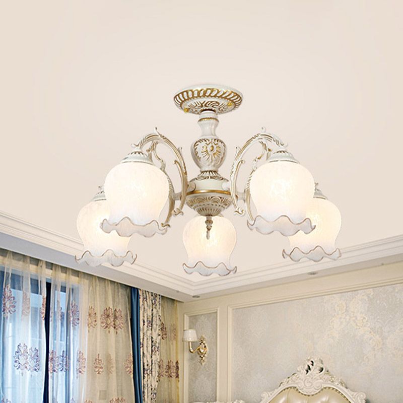 Blume Wohnzimmer semi Flush Rustikale Weiss Glas 3/5/6 Bulben Beige Flush Mount Light Halterung