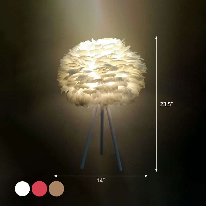 Global Feather Night Light Nordic 1-Light White/Red/Pink Table Lamp with 3-Leg Stand in Black/White