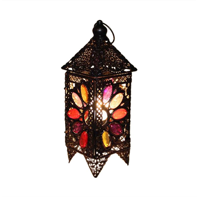 Lampada da comodino a lanterna bohémien con 1 lampadina, illuminazione da comodino in metallo in viola/rosso per soggiorno