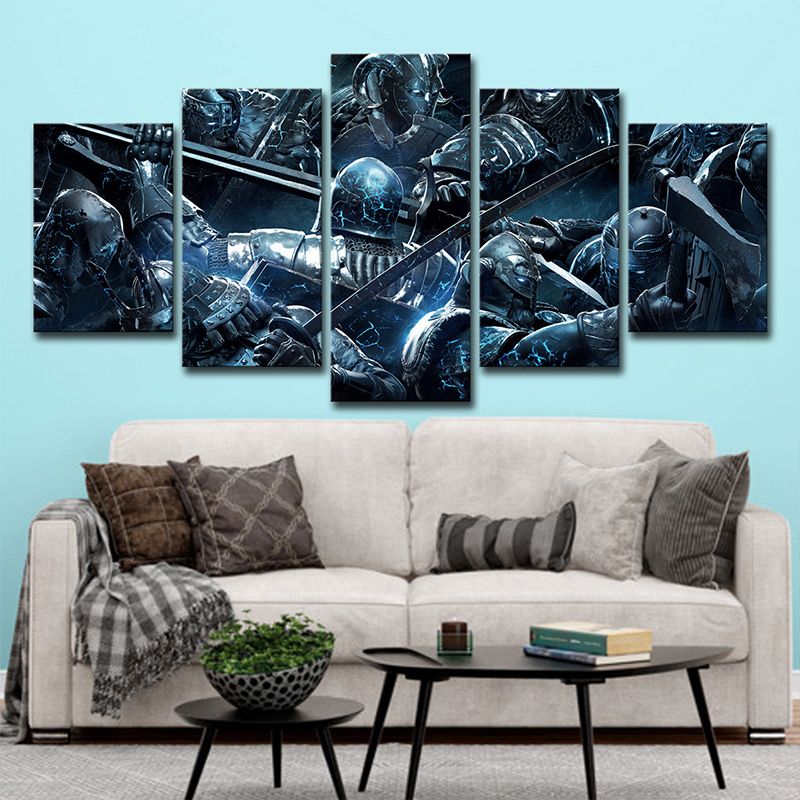 LOL Game Scene Soldiers Canvas Print Kids Style Multi-Piece Wall Art in Blue