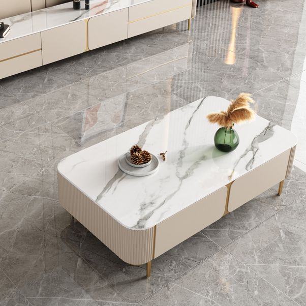 2 Drawers Rectangular Slate Top Coffee Table 4 Legs Cocktail Table