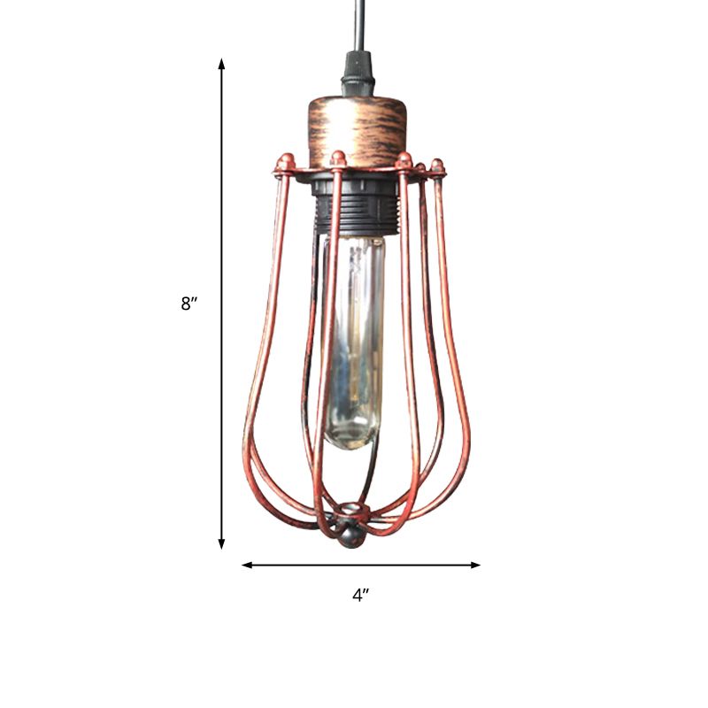 Wrought Iron Caged Hanging Pendant Light Rustic Industrial 1 Head Coffee Shop Suspension Light in Aged Silver/Weathered Copper