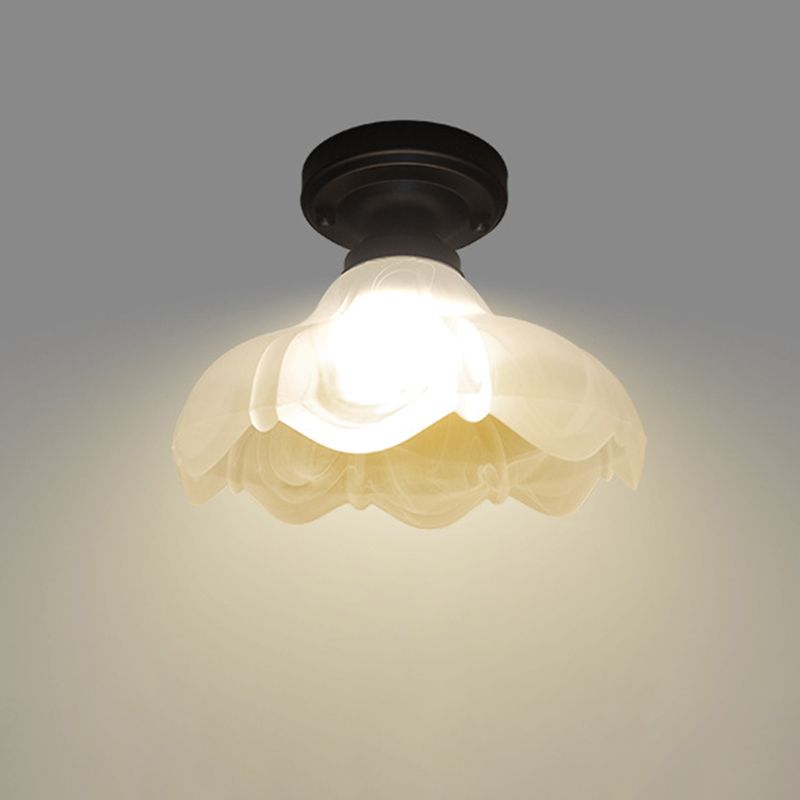 Single Head Flush Mount Countryside Flower White Ribbed Glass Ceiling Fixture in Black