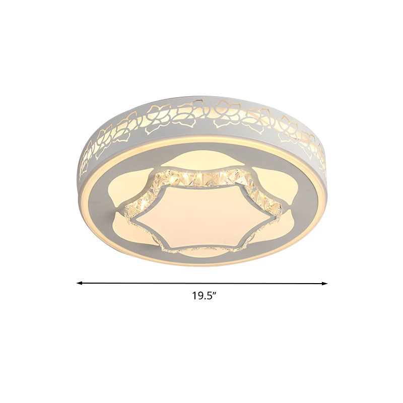 White Drum Flush Mount Fixture Contemporary Acrylic LED Living Room Flush Ceiling Light in White/3 Color/Remote Control Stepless Dimming with Flower Pattern