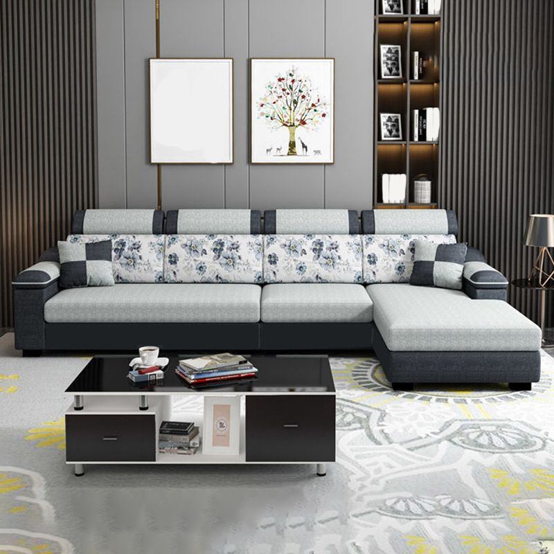 33.46" Tall Grey Sectional Sofa Faux Leather/Linen Flared Arm Modular Sofa