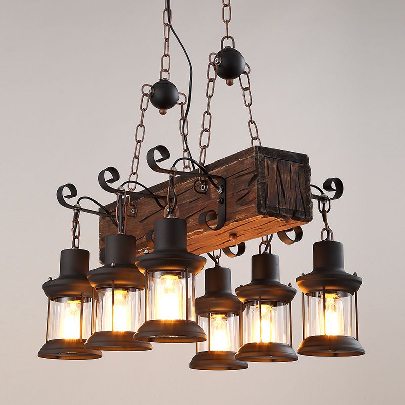 Clear Glass Brown Island Lamp Lantern 6 Lights Farmhouse Ceiling Pendant Light with Wood Block Top