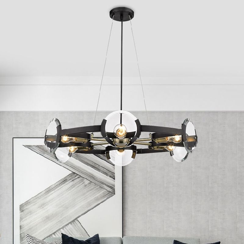 4/6 lumières Circular Pendant Chandelier Farmhouse Black Black Metallic Plafond Light avec une teinte en verre transparent
