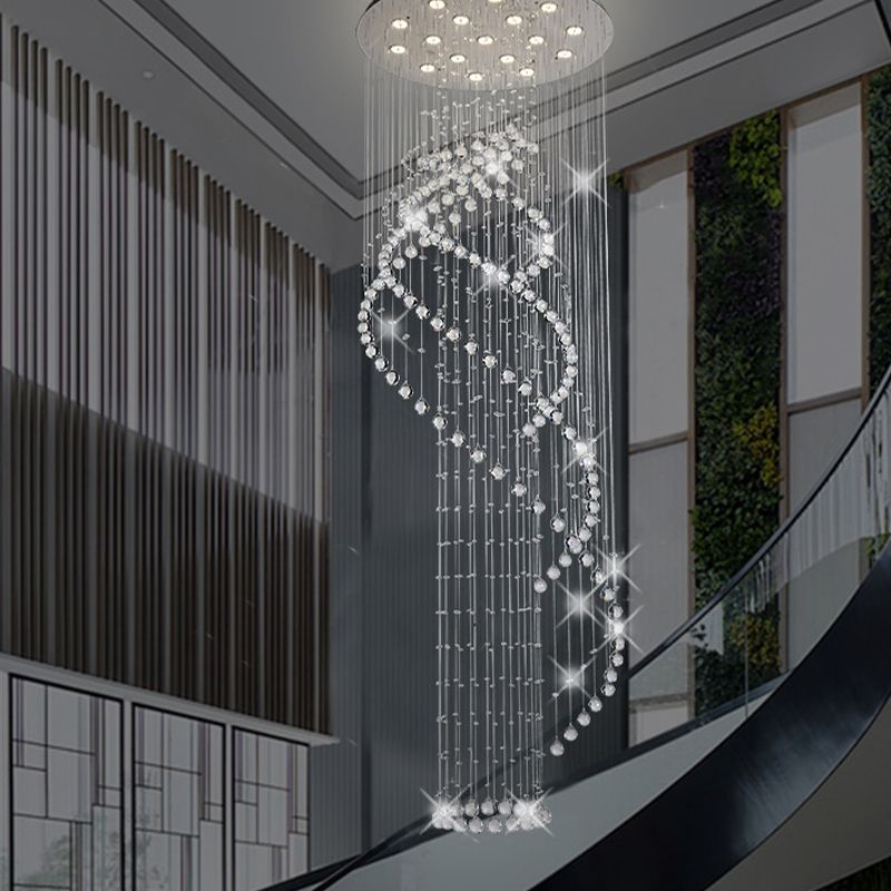 Spiral Lobby Ceiling Pendant Light Modern Cascading Crystal LED Chrome Multi Hanging Light Fixture