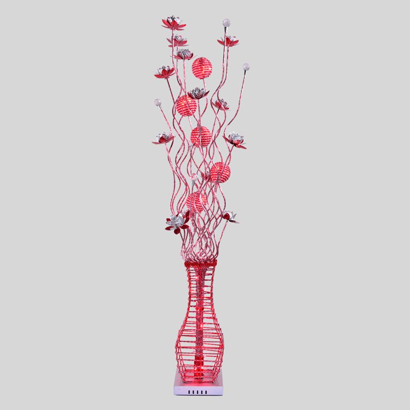 Ramo albero in alluminio in piedi su leggero comodino decorativo a led fiore lampada da pavimento con vaso in nero in nero e argento/rosso