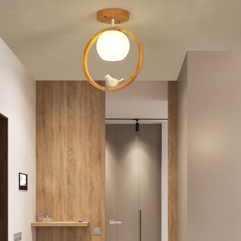 Contemporary Globe Flush Light Fixture Wood 1 Light Flush Mount Ceiling Fixture in Brown