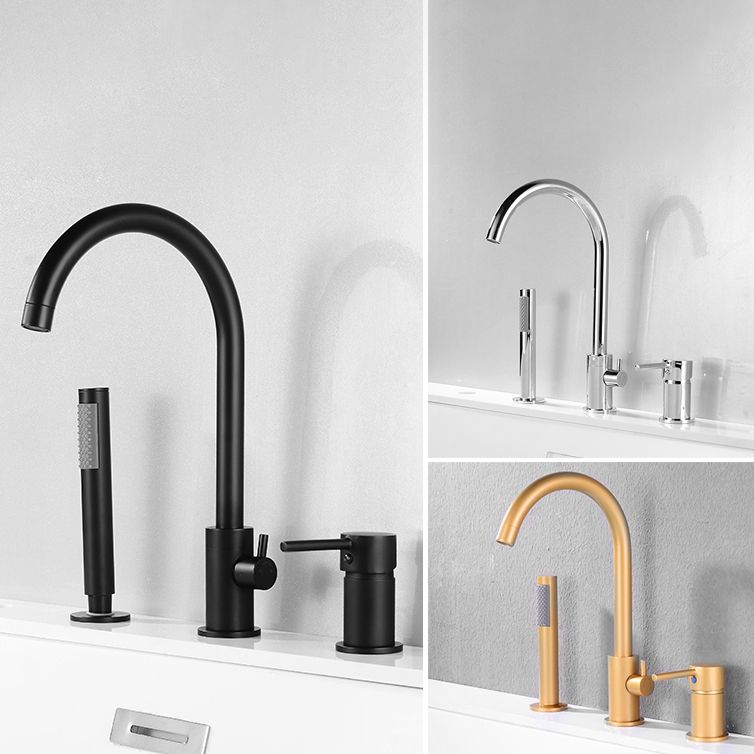 Modern Deck Mounted Metal Tub Filler Gooseneck Faucet in Black/Gold/Silver