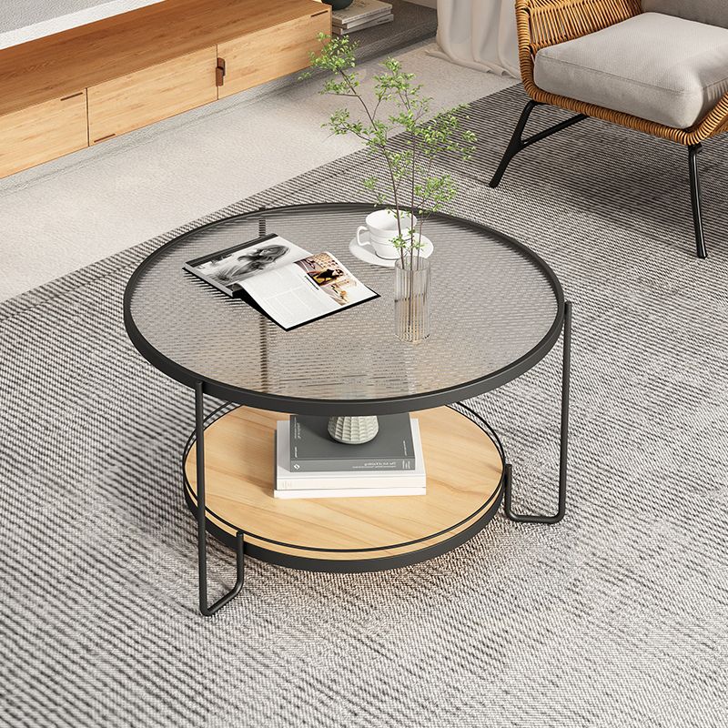 Round Glass Top Coffee Table 17.7" H Iron 3 Legs Cocktail Table with Shelf