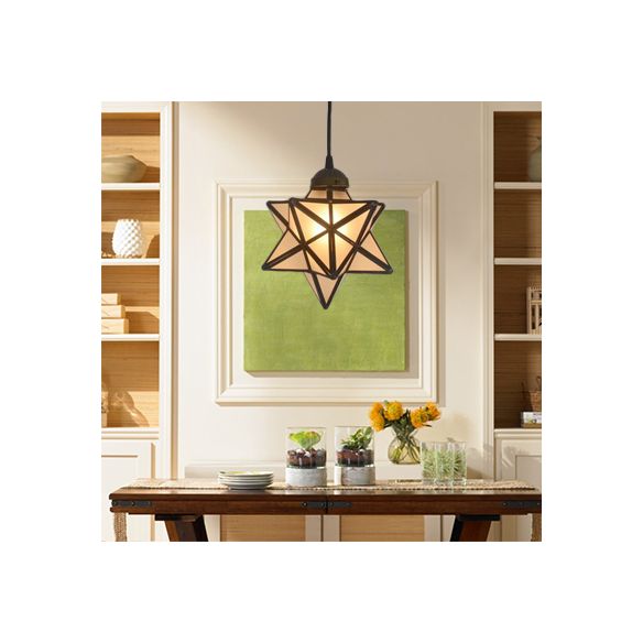 Textured White/Clear Star Hanging Pendant Light Tiffany Style 8"/12" W 1 Head Stainless Glass Ceiling Lamp for Dining Room