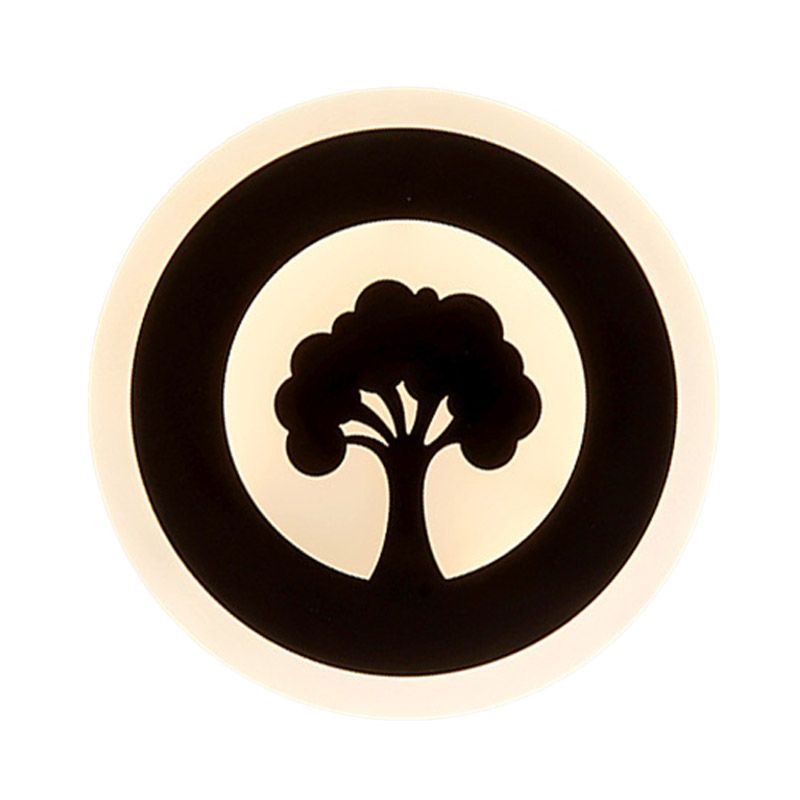 Acrylic Round Wall Lighting Modernism LED Flush Wall Sconce in Black with Tree Pattern, White/Warm Light