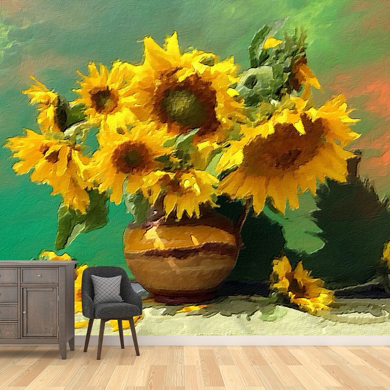 Sunflower Illustration Pattern Mildew Wall Mural Horizontalt for Living Room