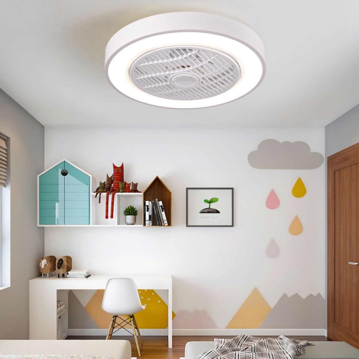 Moderne minimalistische LED -Makkaron Deckenventilator Leichter Eisenkreisendeckenleuchte mit Acrylschatten