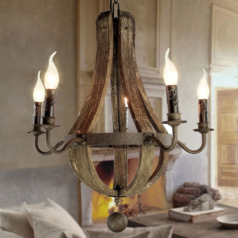 5/6 lumières lustre d'éclairage luminaire rustique vin baril bois suspendu léger en marron pour chambre à coucher