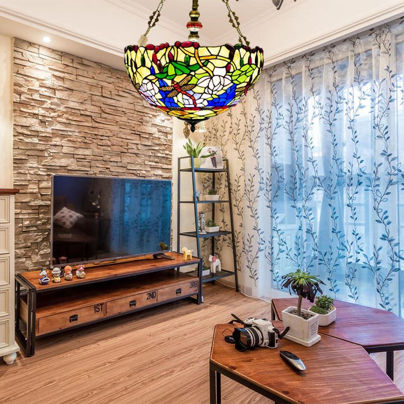 Libellule semi-lutin éclairage méditerranéen vitrail 5 lumières plafond en laiton