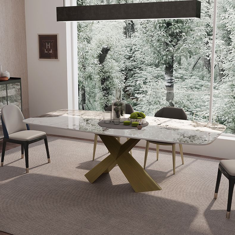 Sintered Stone Top Dining Table for Restaurant Luxury Rectangle Table with Metal Pedestal