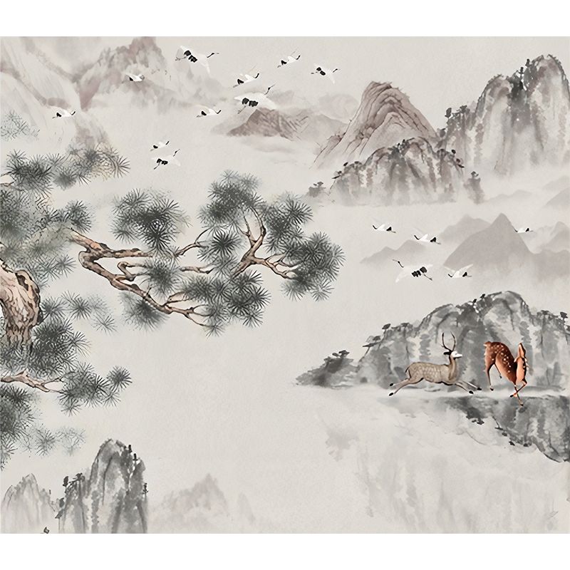 Big Illustration Asia Inspired Wall Mural for Guest Room with Crane and Deer Design in Grey and Green