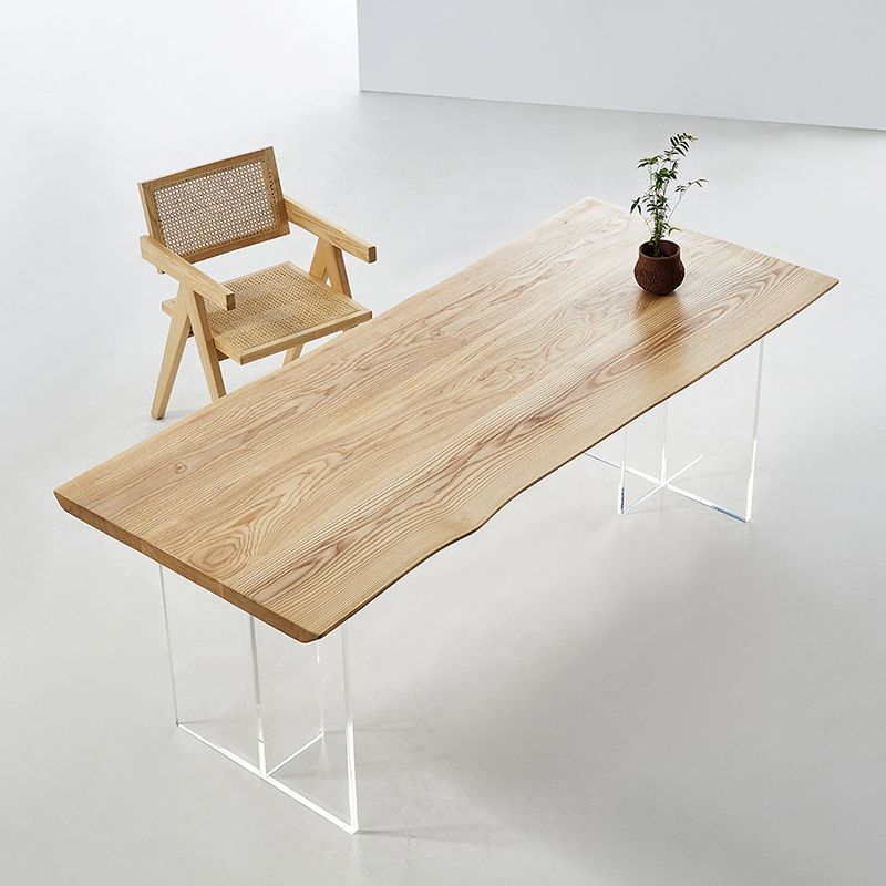 Natural Ash Wood Dining Table Rectangle Clear Acrylic Double Pedestal Table