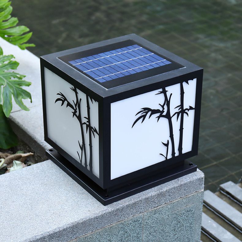 Solar Square Outdoor Lights Black Metal Pillar Lamp with Acrylic Shade for Garden