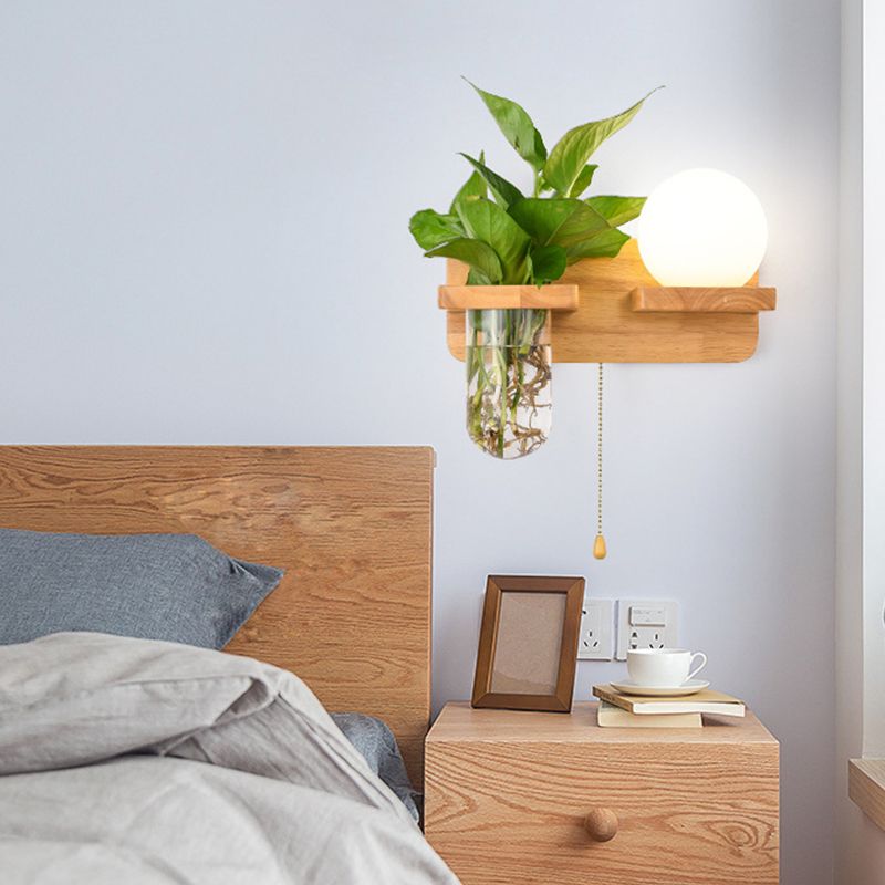 Modern Style Ball Shape Wall Light Wood 1 Light Sconces for Bedroom without Plant