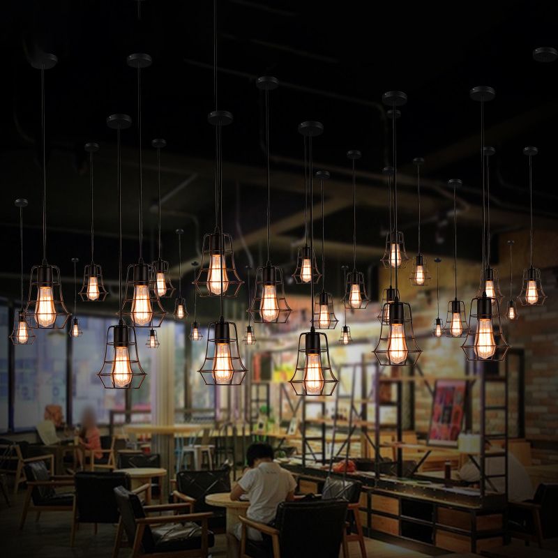 1 Light Cage Hanging Light Fixtures Retro Industrial Metal Ceiling Pendant for Restaurant