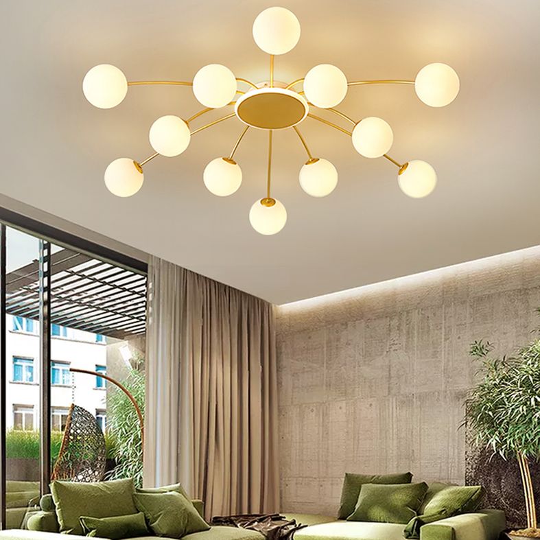 Glass Shade LED Semi Flush Mount in Modern Creative Style Sputnik Metal Ceiling Light in Gold
