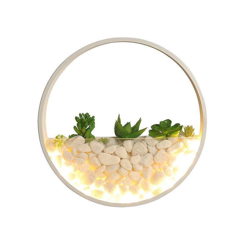 Metal Halo LED Sconce Light Art Deco Wall Mounted Light with Cobblestone and Imitation Plant