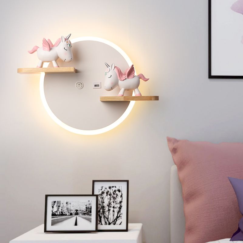 LED Circle Wall Sconce Nordic Wooden Kids Bedroom Wall Light with Shelf and Figurine