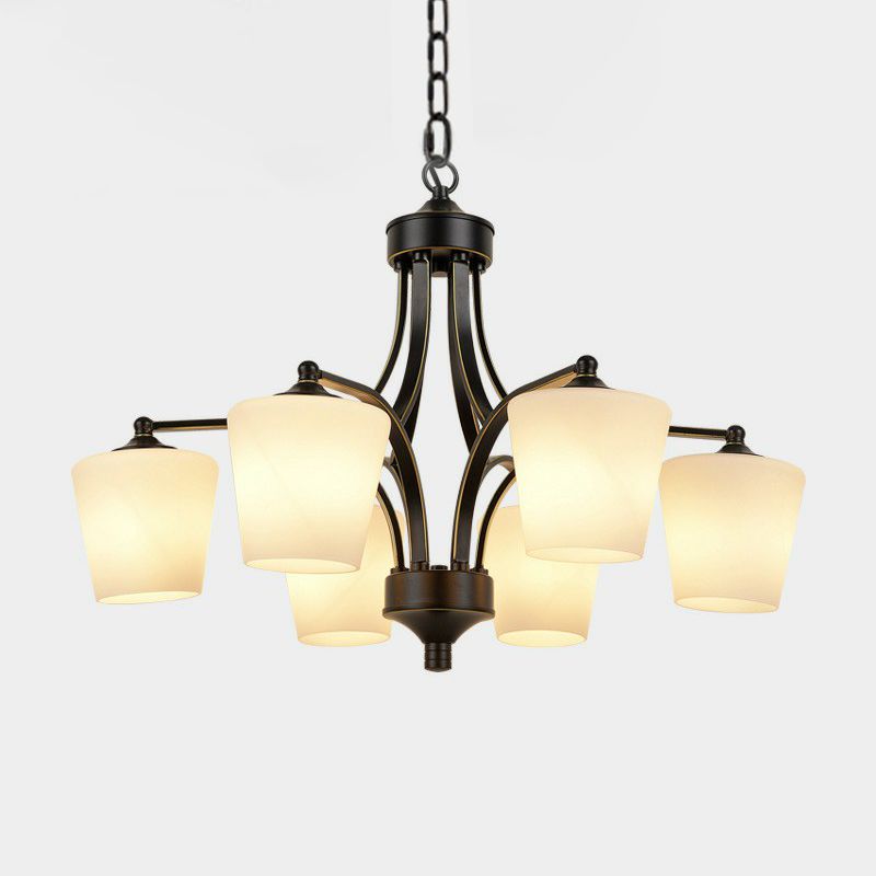 Retro Tapered Shade Chandelier Light Cream Glass Hanging Lighting for Dining Room