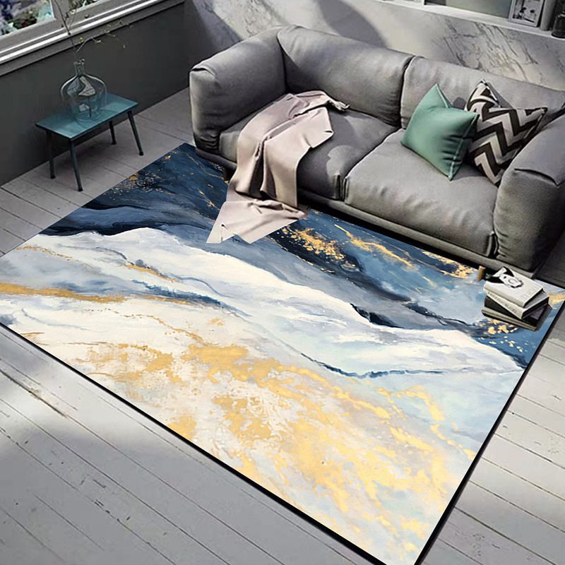 Unique Oil Painting Rug Blue and Yellow Modern Rug Polyester Washable Anti-Slip Backing Carpet for Living Room