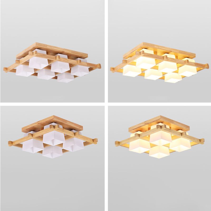 Geometrische Deckenleuchte in Holzfarbe im modernen, prägnanten Stil für den Innenbereich aus Holz mit Glasschirm